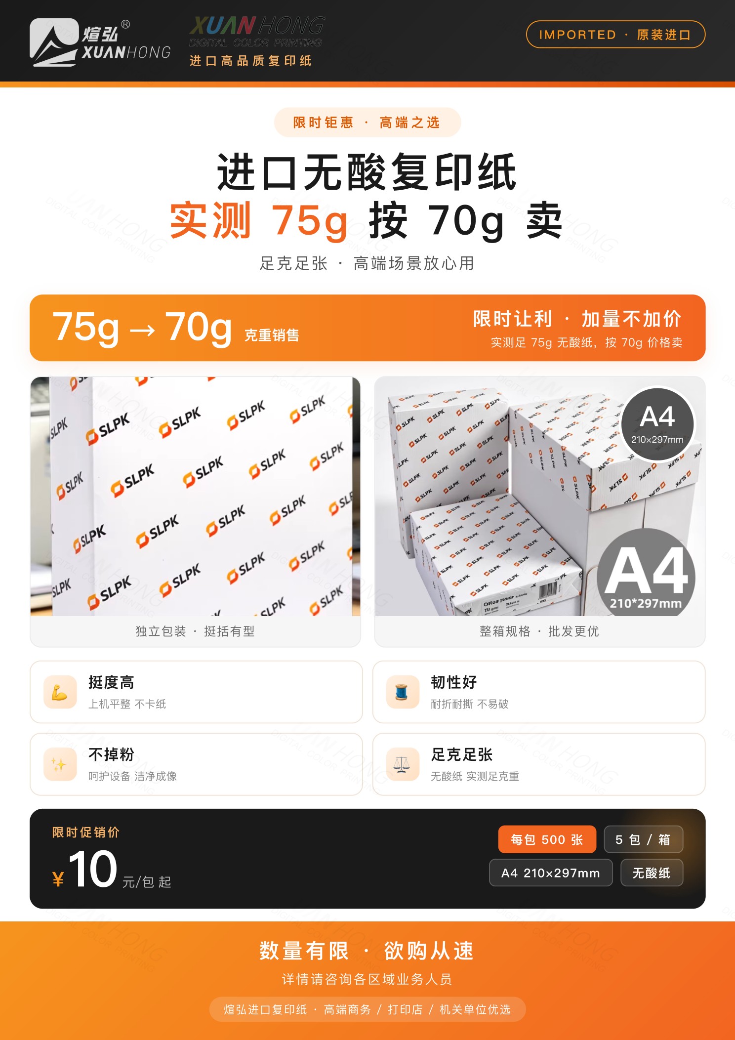 煊弘进口无酸复印纸限时促销海报:实测75g按70g卖,A4,10元/包起